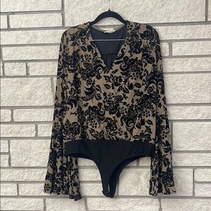 Elegant Black and Tan Floral Bodysuit
